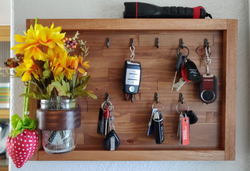 The finished key rack as it now hangs on our wall